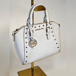 Michael Kors Ciara Gold Studded Satchel Pebble White Leather